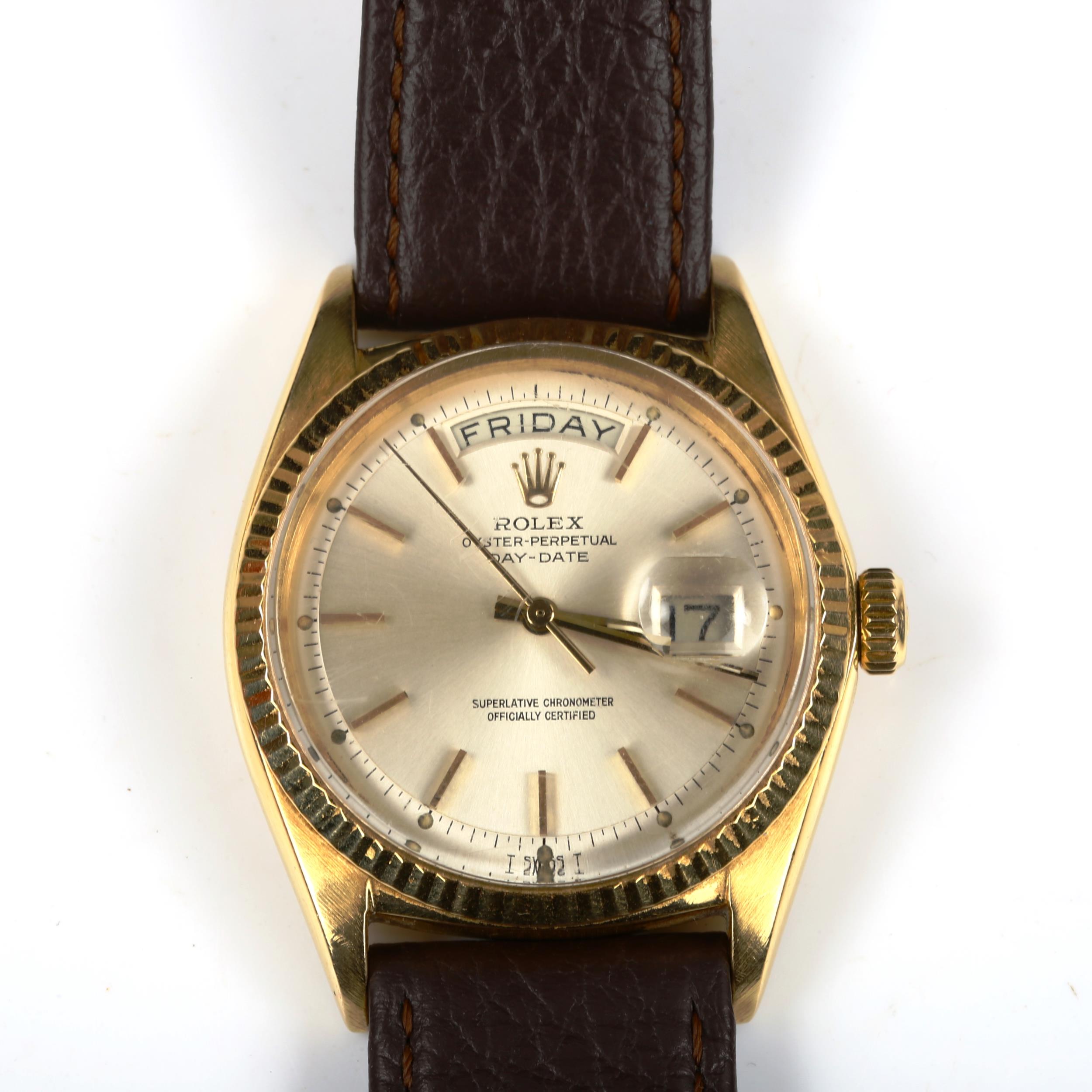 ROLEX - an 18ct gold Oyster perpetual day-date automatic wristwatch, ref. 1803, circa 1966, silvered