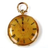 A 19th century unmarked gold open-face key-wind pocket watch, engraved gilded dial with Roman