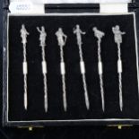 A set of 6 Elizabeth II novelty silver Charles Dickens figural cocktail sticks, by Bishton's Ltd,