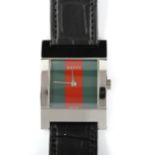 GUCCI - a stainless steel 7700M quartz wristwatch, green and red stripe dial with square case,