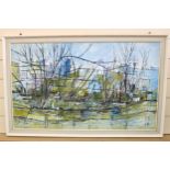 D L Kidger, large oil on board, abstract landscape, 1971, framed, overall frame dimensions 104cm x