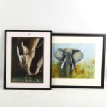 Annie Mills, 2 oils on board, rhino, signed, 34cm x 23cm, and elephant, 28cm x 37cm, framed (2) Good