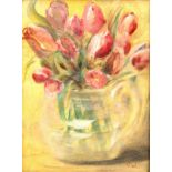 Victoria Woolfe, oil on canvas, tulips in a glass vase, framed, overall frame dimensions 33cm x