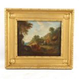 18th century oil on wood panel, pastoral scene, unsigned, 20cm x 24cm, framed Light craquelure in