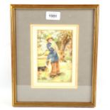 Early 20th century watercolour, woman holding a lamb, unsigned, 14cm x 9cm, framed Good condition