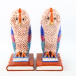 A pair of Herend porcelain owl design bookends, height 30cm