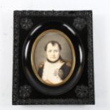 A hand coloured miniature portrait print of Napoleon Bonaparte, in relief moulded ebonised frame,