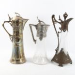 3 Art Nouveau Claret jugs, including 2 with cut-glass mounts, largest height 40cm