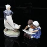 2 Royal Copenhagen porcelain groups, girl with a goose, height 18cm, and children reading, height
