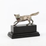 An unmarked white metal fox sculpture, on ebonised wood plinth, plinth length 15cm, tested as silver