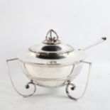 An electroplate circular 3-handled soup tureen and cover with ladle, early 20th century, diameter