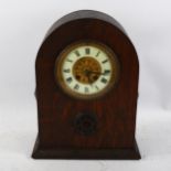 French oak-cased dome-top mantel clock by Japy Freres, gilt and enamel dial, with key and