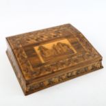 A Victorian Tunbridge Ware writing slope, rosewood ground with micro-mosaic panel lid depicting