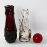 WHITEFRIARS - 2 coloured glass vases, and a Whitefriars red glass paperweight, largest vase height