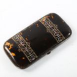 A Victorian steel-framed pocket case, with mother-of-pearl and gold inlaid tortoiseshell sides,