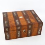 A Victorian rosewood and amboyna sewing box, with inlaid mother-of-pearl and fitted interior, length
