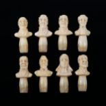 A group of 8 x 19th century ivory figural umbrella finials, depicting period portrait heads (8)