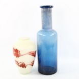 A mottled blue glass bottle vase, height 43cm, and a frosted Studio glass vase, height 23cm (2)