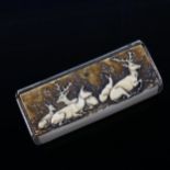 A 19th century Bavarian staghorn and ivory box, with relief carved stag design lid, length 10cm
