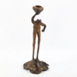 Art Nouveau brass frog design candle holder, height 28cm