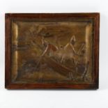 A Japanese gilded and patinated spelter plaque, depicting cormorant fishermen, in stained wood