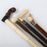 A group of 4 various walking sticks, including carved ivory eagle's head handle with silver mount (