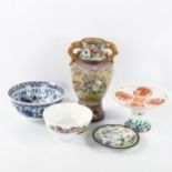 A group of Chinese porcelain items, including an enamel painted porcelain 2-handled vase, height