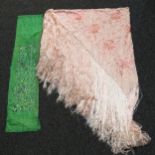 A Chinese hand embroidered pink silk shawl, with fringed edge, main panel 115cm x 115cm, together