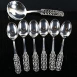 A group of Norwegian silver spoons, comprising set of 6 teaspoons and 1 preserve spoon, length 13cm,
