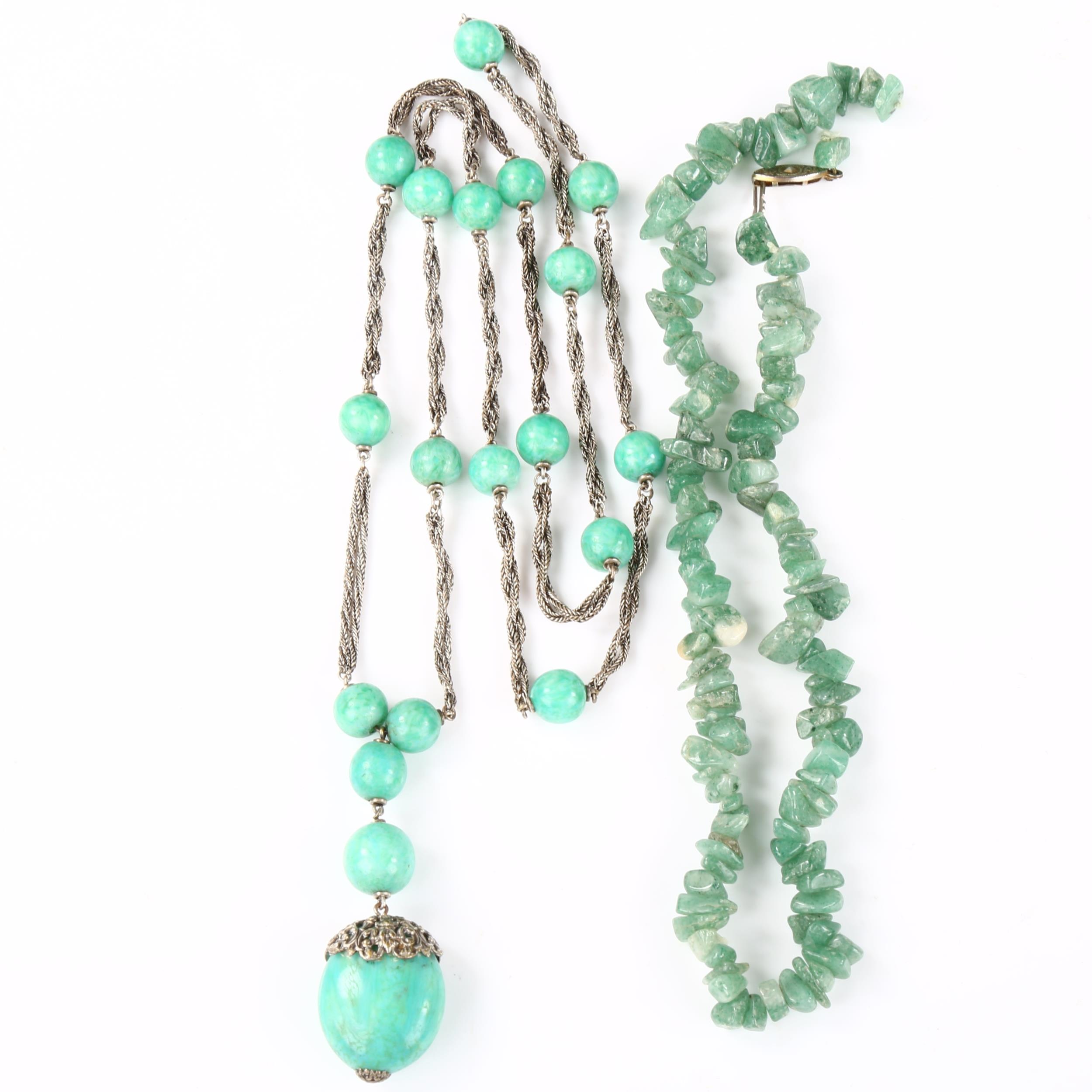 A Vintage Czech green glass bead necklace, and a jadeite bead necklace, A/F, 94.6g total (2)