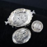 3 pieces of Continental silver, including Dutch pillbox, Scandinavian pin dish etc, dish length 8.