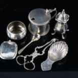 Various silver, including caddy spoon, sugar nips, Russian salt, Elkington mustard pot etc, 6.4oz