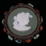 An unmarked silver Wedgwood Jasperware turquoise and coral ring, setting height 25.8mm, size M, 10.