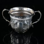 A late Victorian silver 2-handled porringer, relief embossed half fluted decoration and rope twist