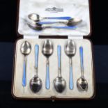 A set of 6 silver and blue enamel teaspoons, hallmarks Birmingham 1929, and a set of 3 Danish silver