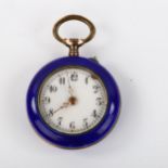 A small Swiss base metal and blue enamel fob watch, white enamel dial with Arabic numerals, case