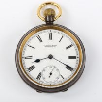 An early 20th century gun-metal cased open-face keyless pocket watch, by J Smith & Son of