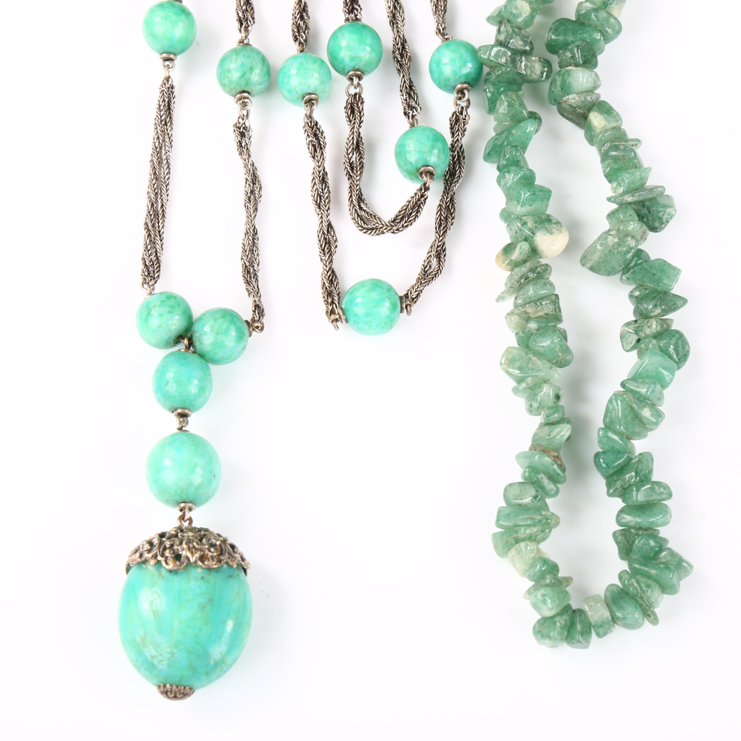 A Vintage Czech green glass bead necklace, and a jadeite bead necklace, A/F, 94.6g total (2) - Image 2 of 4