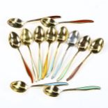 A set of 12 Danish vermeil sterling silver and harlequin enamel coffee spoons, various makers,