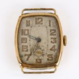 An Art Deco 9ct gold mechanical wristwatch head, silvered dial with Arabic numerals, blued steel