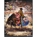 Spanish School, oil on board, impressionist study, Matador and bull, indistinctly signed