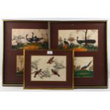 5 Chinese watercolours on rice paper, studies of exotic birds, mounted in 3 frames, largest frames