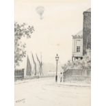 Walter Greaves (1846 - 1930), pen and ink drawing, Chelsea Docks, signed and dated '67, 32cm x 23cm,