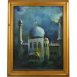 Mid-20th century oil on board, moonlit Mosque, unsigned, 45cm x 34cm, framed