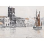 Walter Greaves (1846 - 1930), watercolour/pencil, Chelsea Old Church from the Thames, signed, 18cm x