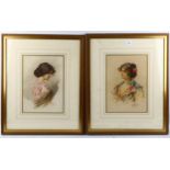 Fiori, pair of watercolours, portraits of Italian girls, signed, 35cm x 24cm, framed