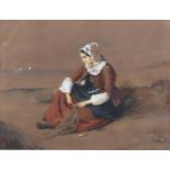 19th century watercolour, fisherwoman at the shore, signed with monogram, 30cm x 40cm, framed