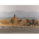 Kim Donaldson (born 1952), colour pastel on paper, buffalo on Zambezi River island, signed, 53cm x