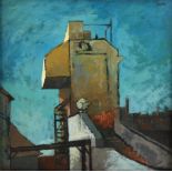 Horst Nessler, oil on board, the watch tower, 30cm x 30cm, framed