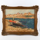 Contemporary oil on canvas, Continental harbour scene, unsigned, 40cm x 51cm, framed